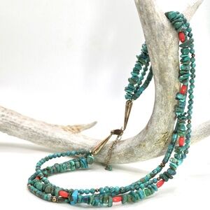 Southwestern Turquoise, Coral & Sterling Silver 3 Strand Vintage Necklace